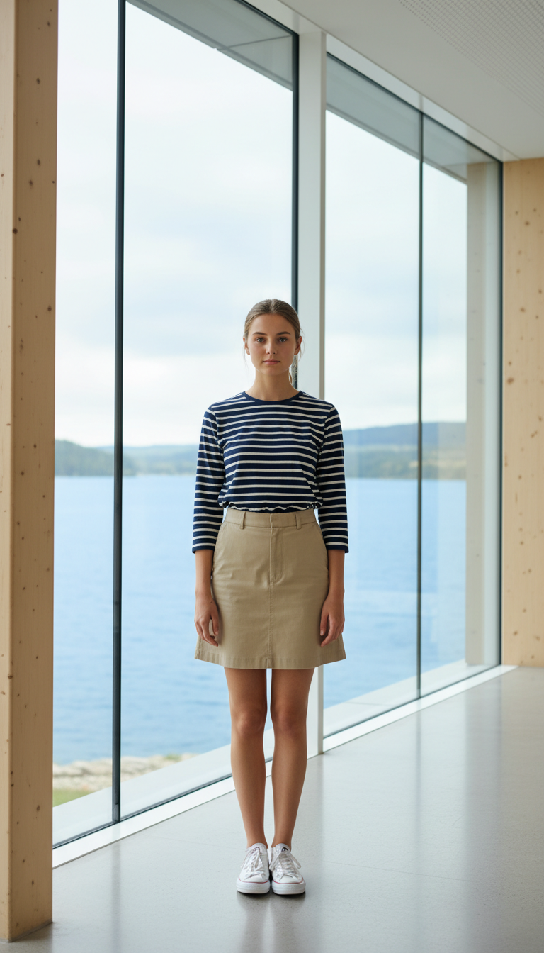 Striped T-shirt & Khaki Skirt