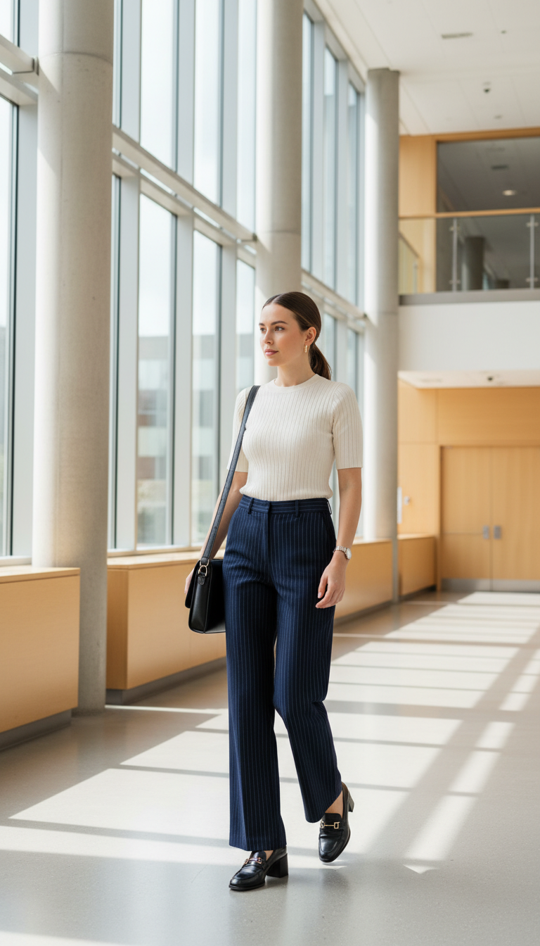 Pinstripe Trousers & Knit Top