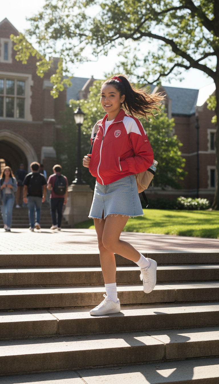 Track Jacket & Denim Skirt