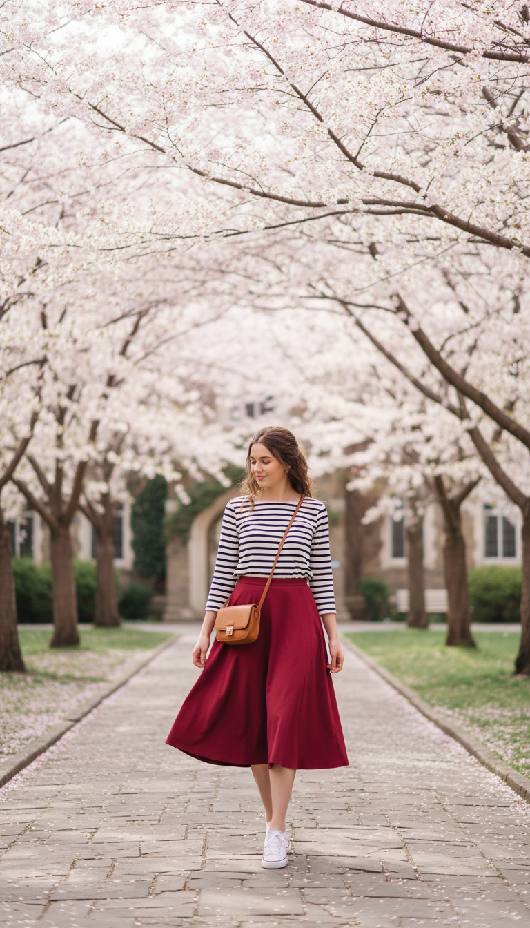 Striped T-Shirt & High-Waisted Skirt
