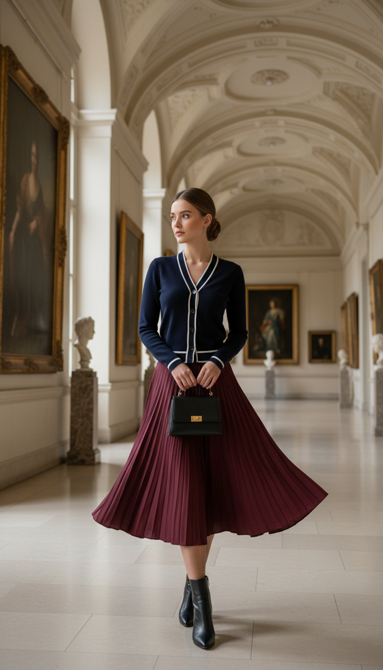 Button-Up Cardigan & Pleated Midi Skirt