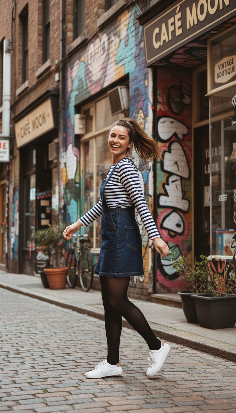 Striped Tee & Denim Pinafore Dress