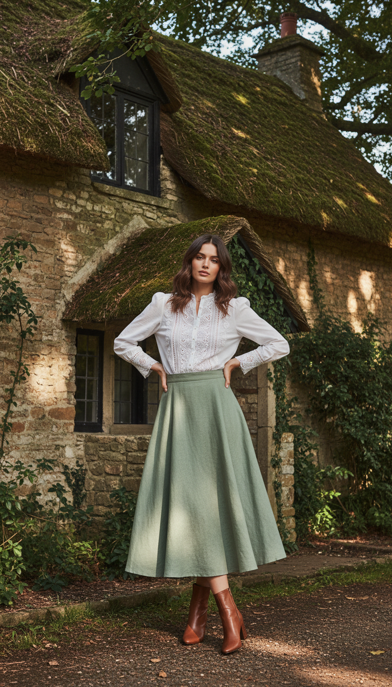 Lace-Trimmed Blouse & A-Line Skirt