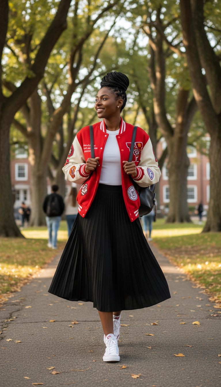 Varsity Jacket & Pleated Skirt