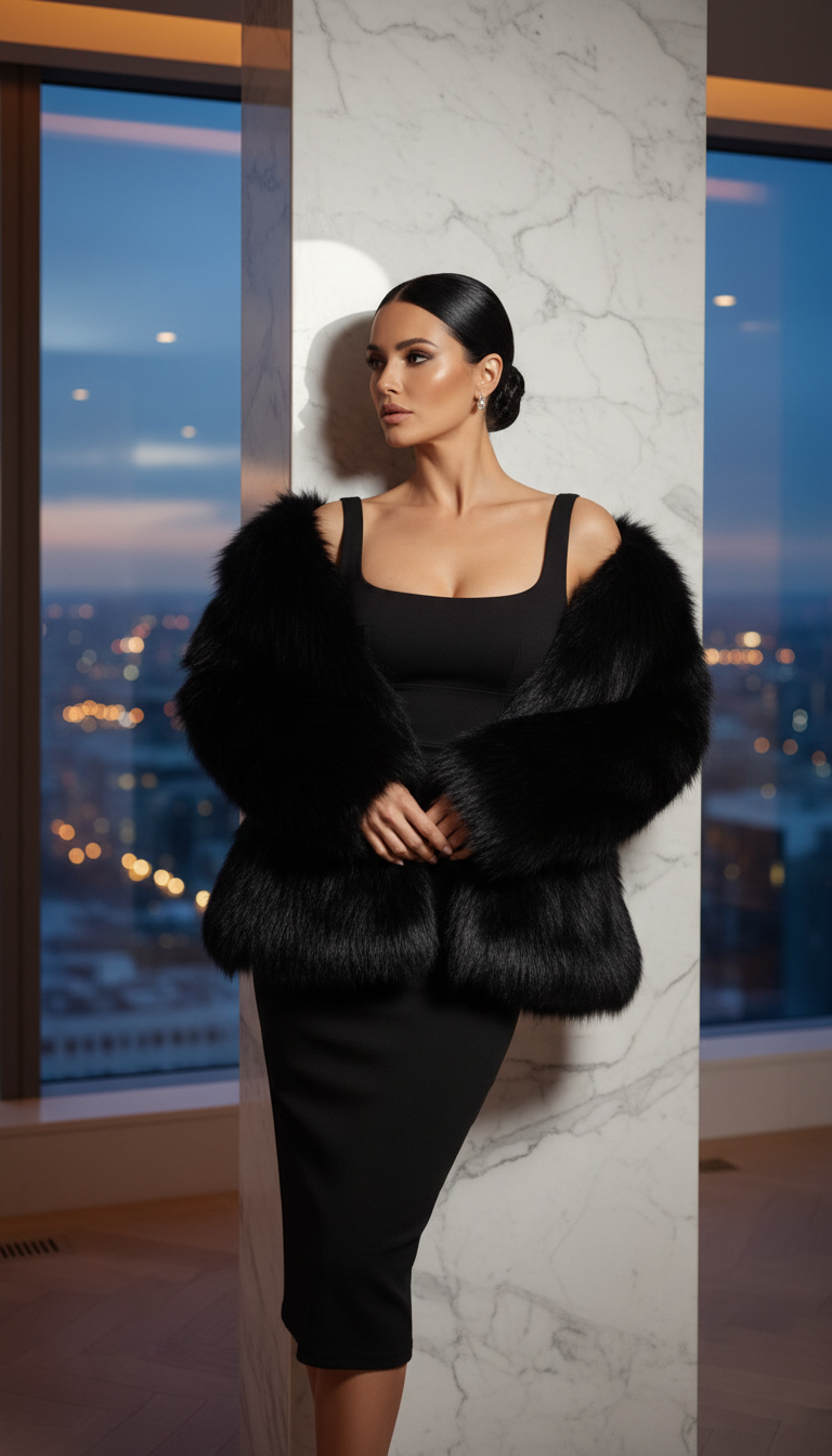 Sleek Black Bodycon Dress with Faux Fur Stole