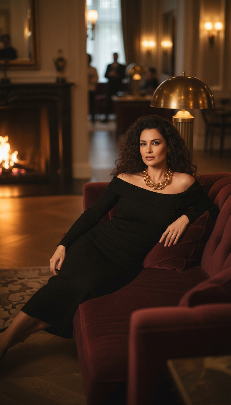 Off-the-Shoulder Knit Dress with Chunky Gold Chain