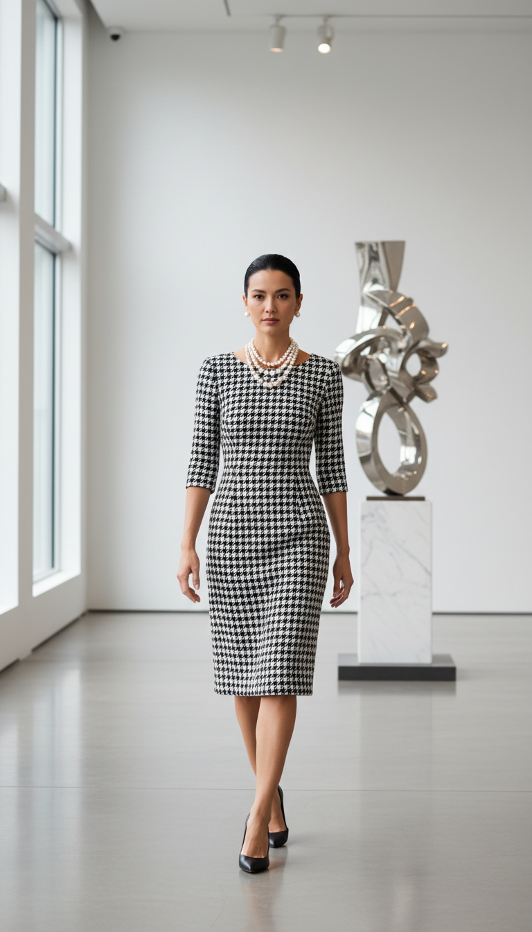 Houndstooth Sheath Dress with Pearl Accessories