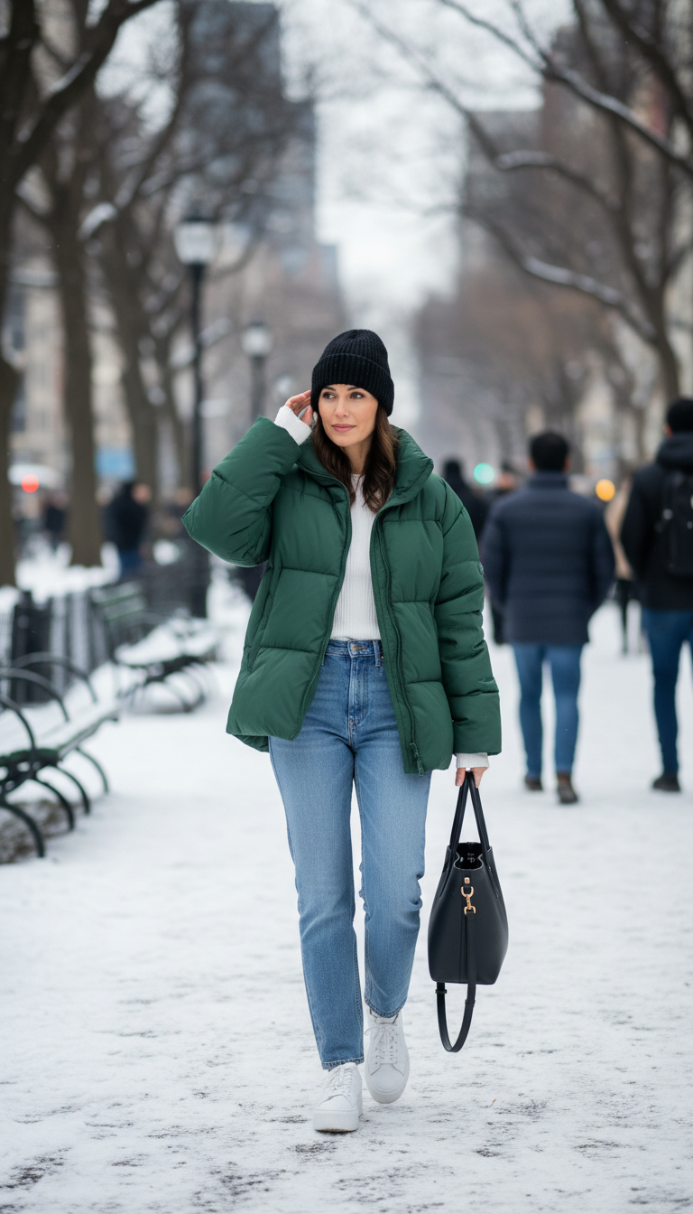 Puffer Jacket & Classic Denim