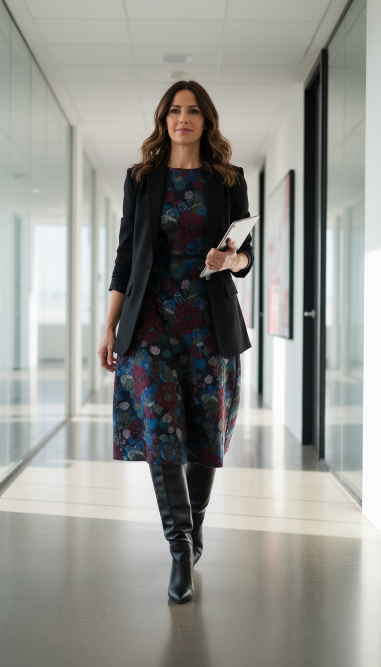 Midi Dress with Knee-High Boots & Blazer