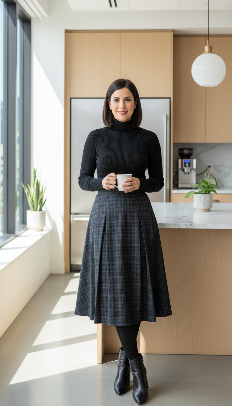 Plaid Skirt with a Fitted Knit & Opaque Tights