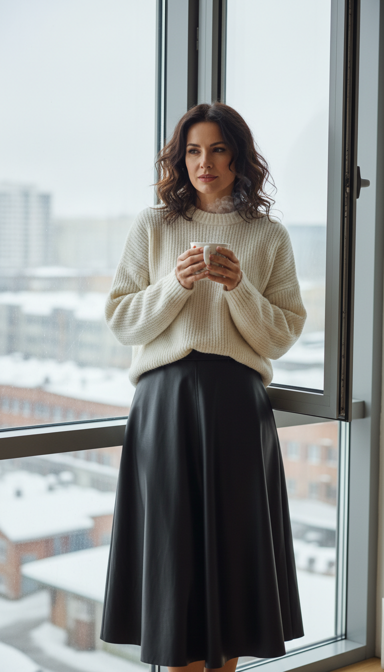 Faux Leather Skirt with a Chunky Knit