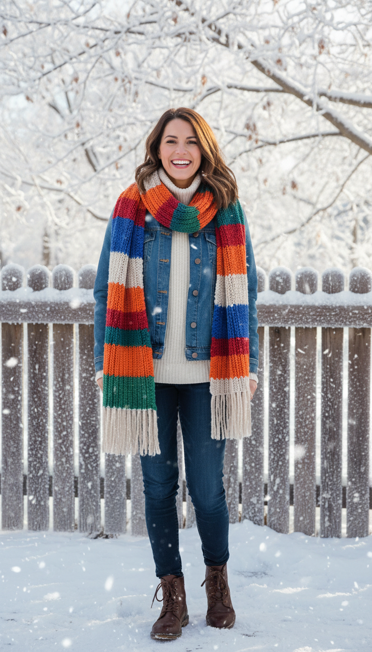 Denim Layering & Scarf Accent