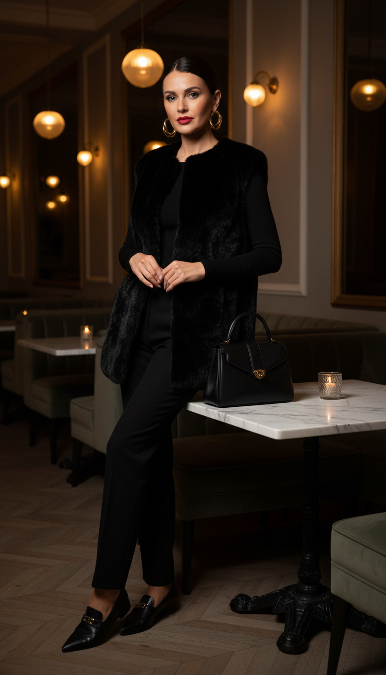 Faux Fur Vest & Sleek Black