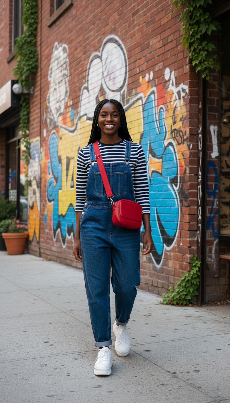 Overalls with a Striped Top