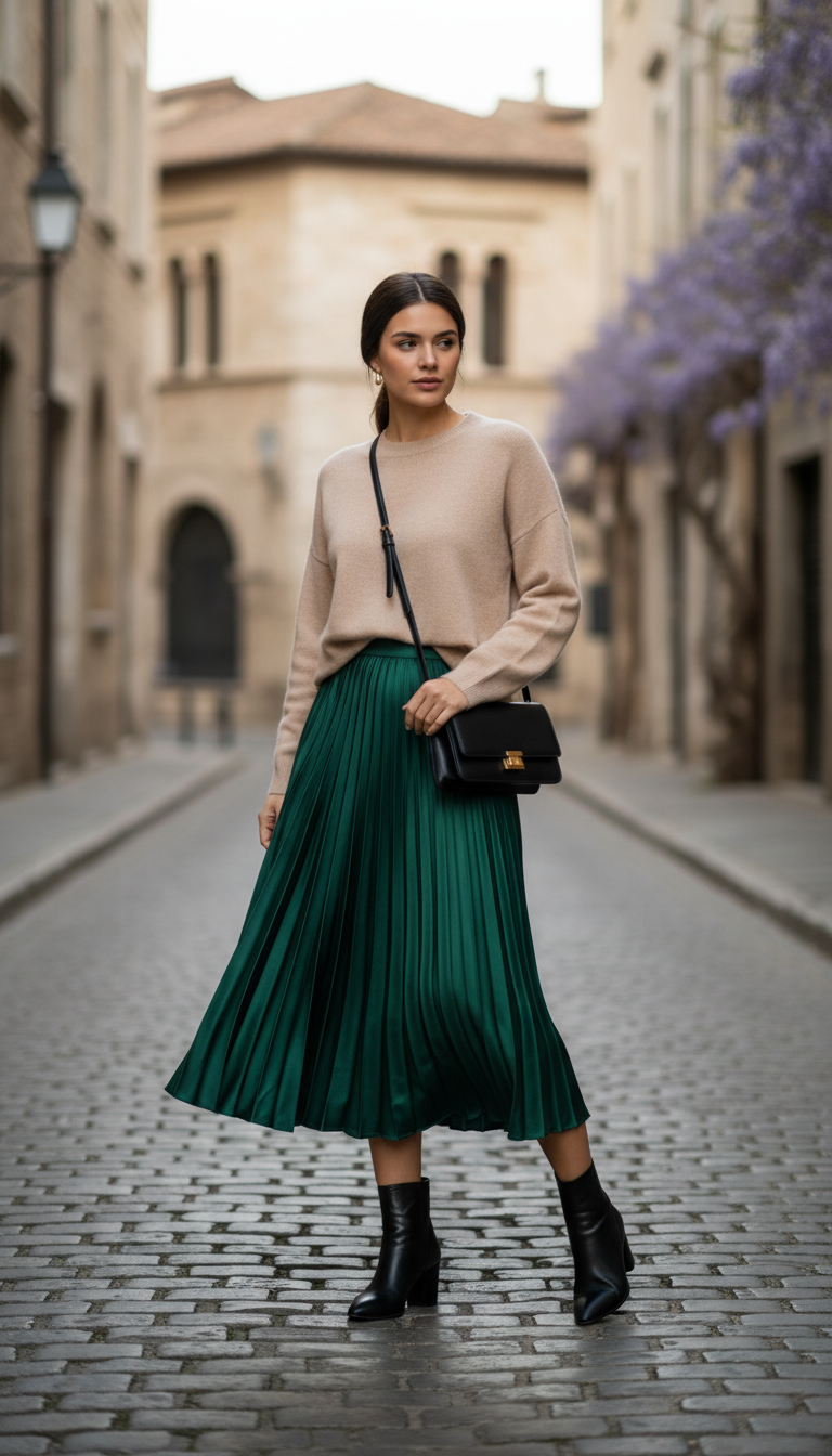 Layered Luxe: Knitwear & Pleated Skirt