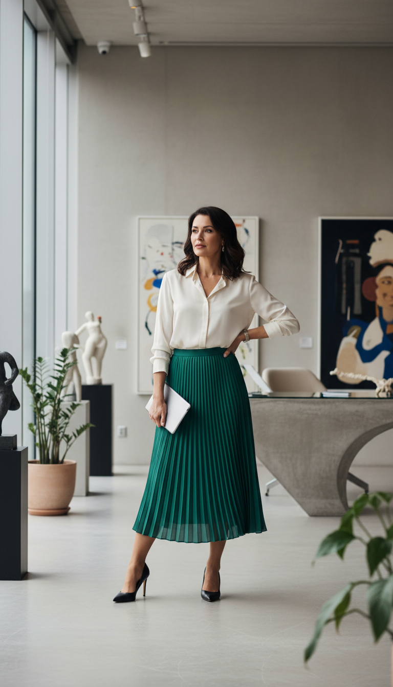 Pleated Midi Skirt & Blouse