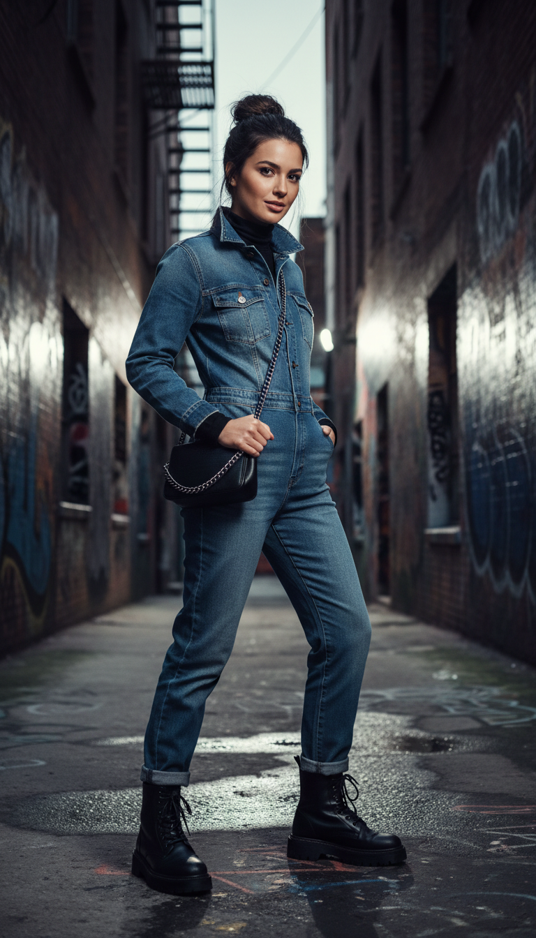 Denim Jumpsuit & Turtleneck