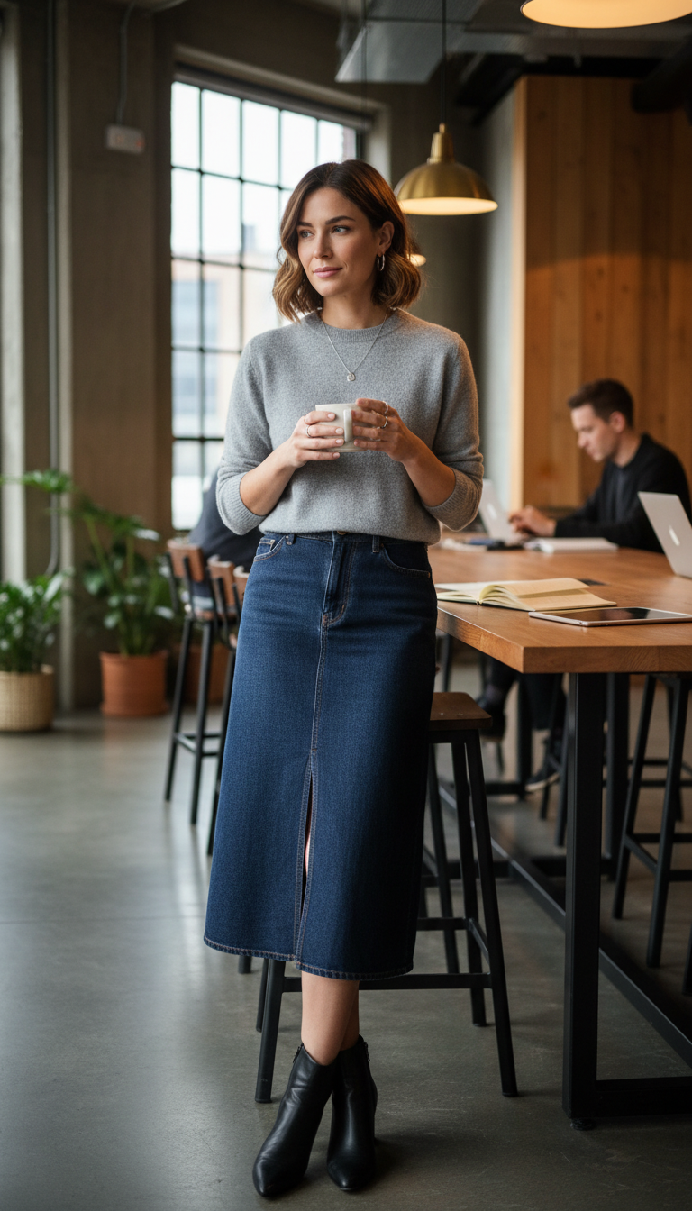 Denim Midi Skirt & Cashmere Sweater