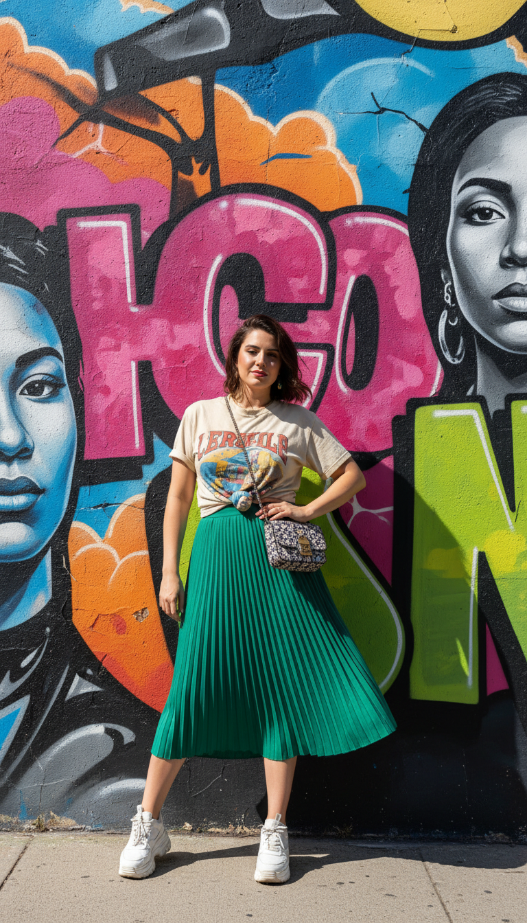 Graphic Tee & Pleated Skirt