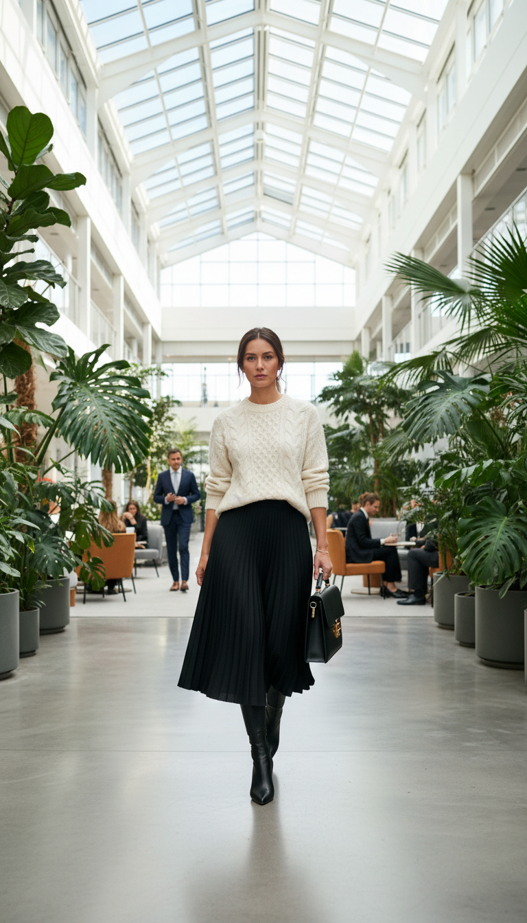 Midi Skirt, Sweater & Ankle Boots