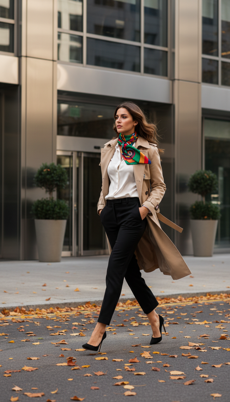 Classic Trench Coat & Silk Scarf